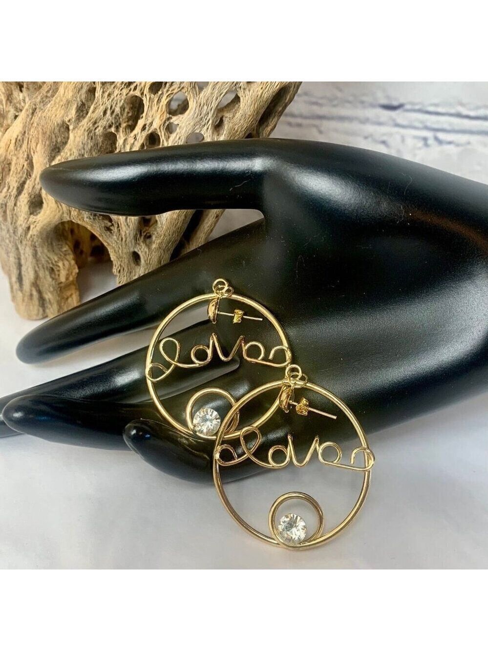 D' Bello Gold Tone Love Rhinestone Hoop Earrings